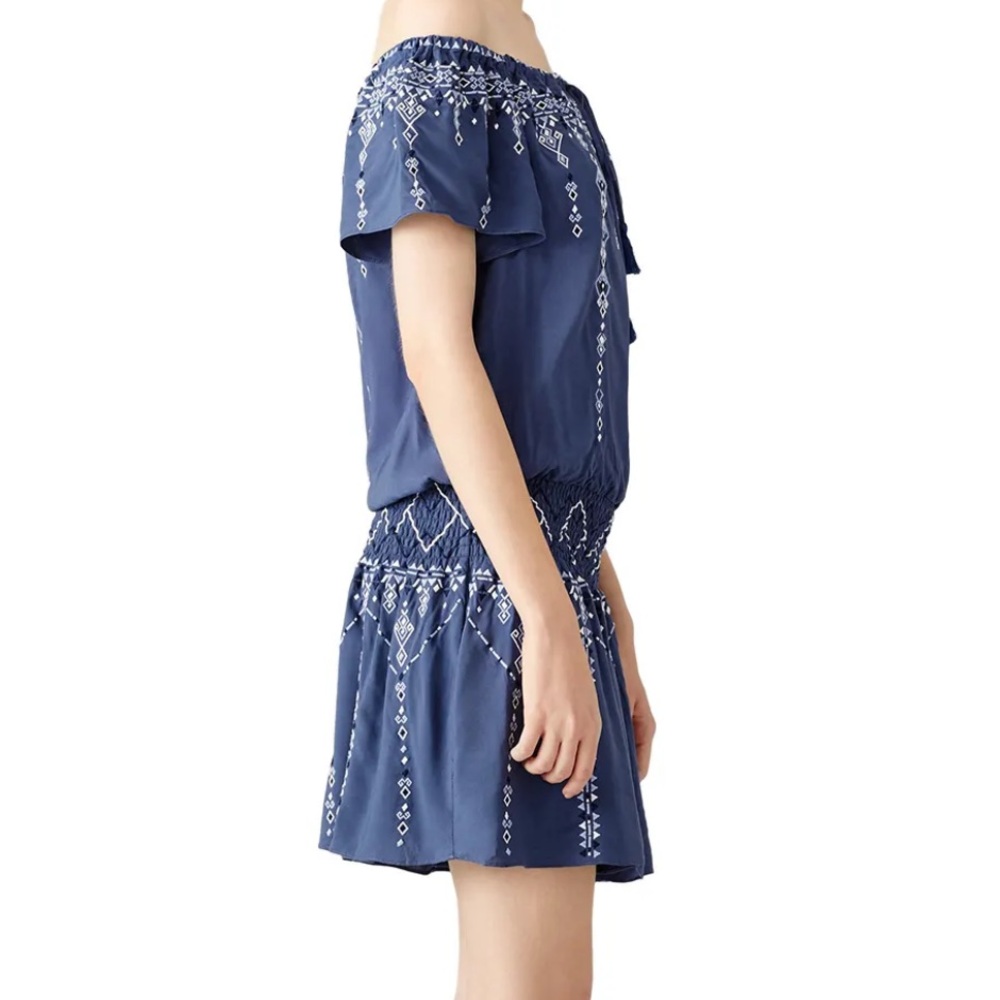 Parker Tammy Dress Size S Blue Off-Shoulder Mini Embroidered Smocked Tassels - Picture 2 of 10